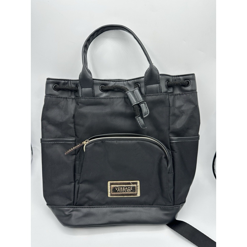 Versace Black Nylon Tote Backpack with Gold Plaque